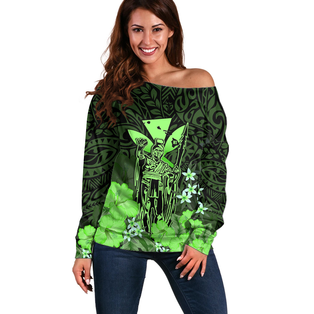 Polynesian Pride King Kamehameha Day Hawaii Off Shoulder Sweater Polynesia Tribal Kanaka And Hibiscus Green LT14 Women Green - Polynesian Pride