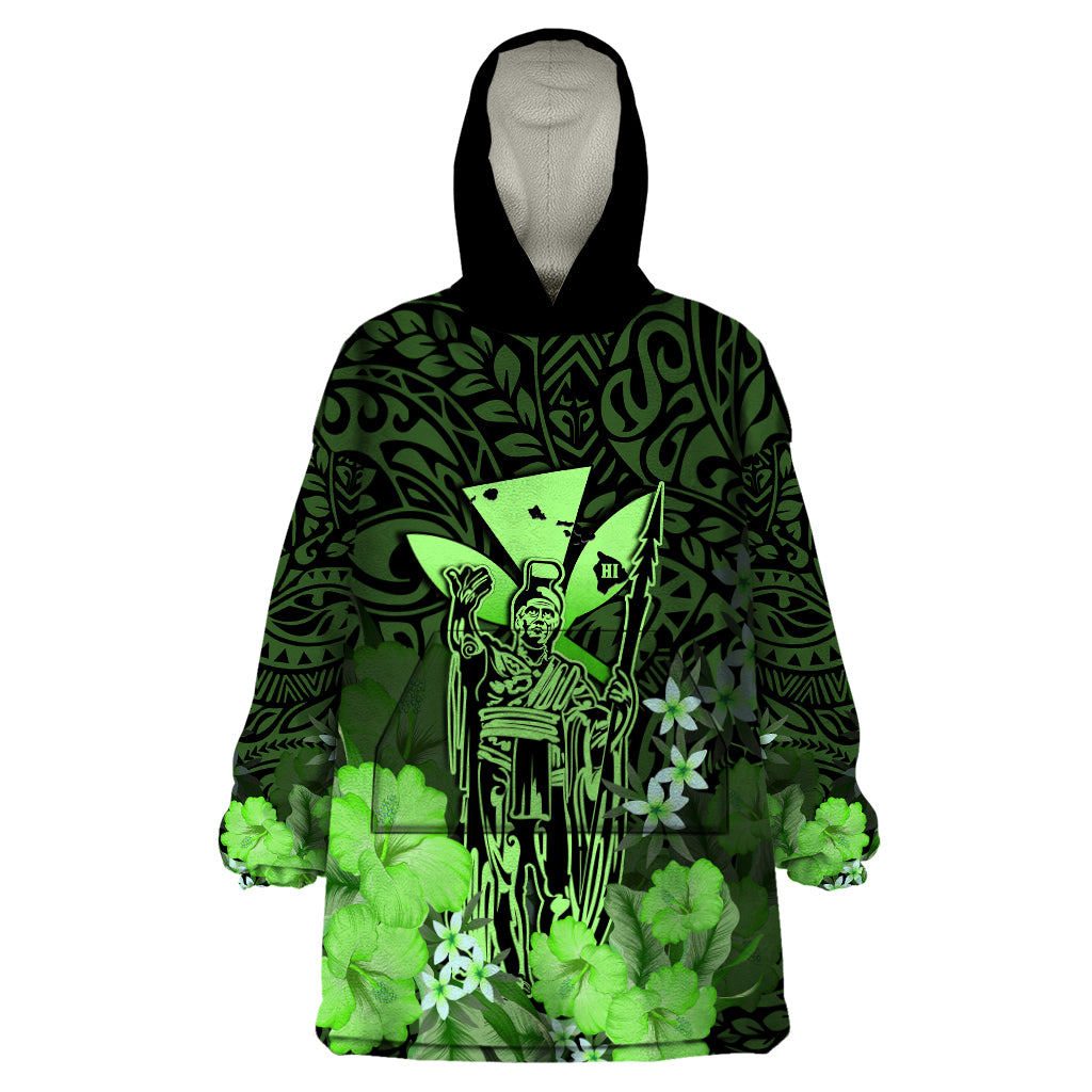 Polynesian Pride King Kamehameha Day Hawaii Wearable Blanket Hoodie Polynesia Tribal Kanaka And Hibiscus Green LT14 One Size Green - Polynesian Pride