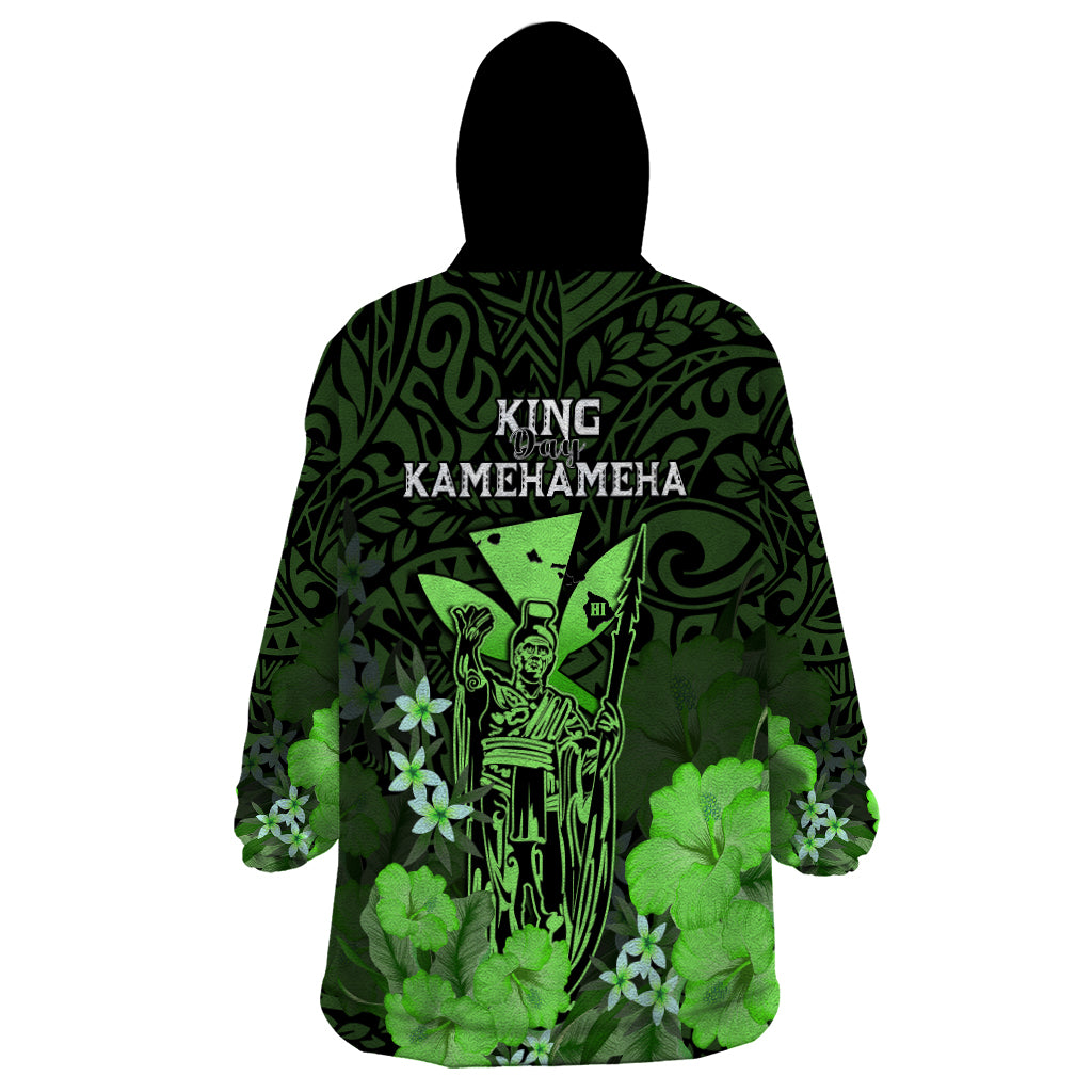 Polynesian Pride King Kamehameha Day Hawaii Wearable Blanket Hoodie Polynesia Tribal Kanaka And Hibiscus Green LT14 - Polynesian Pride