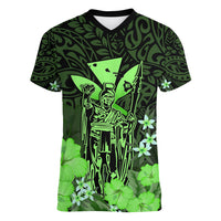 Polynesian Pride King Kamehameha Day Hawaii Women V Neck T Shirt Polynesia Tribal Kanaka And Hibiscus Green LT14 Female Green - Polynesian Pride