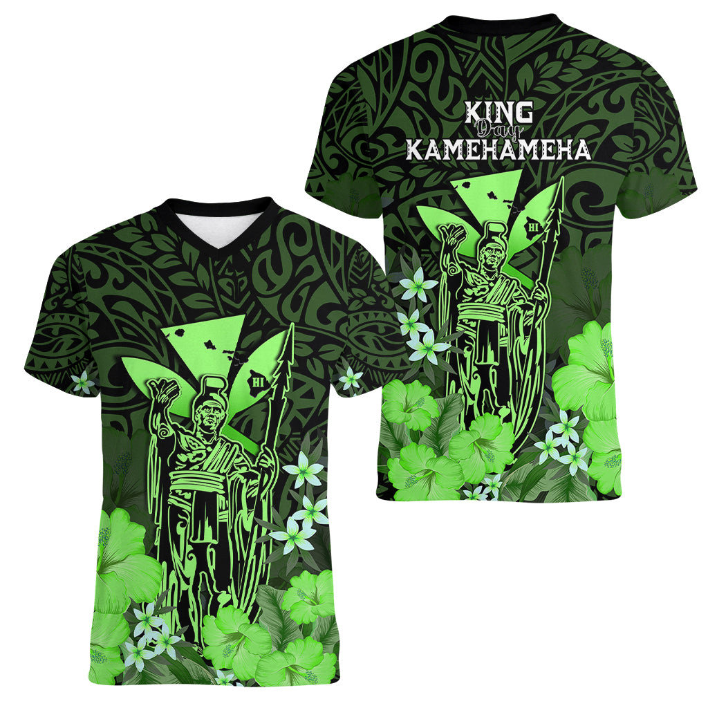 Polynesian Pride King Kamehameha Day Hawaii Women V Neck T Shirt Polynesia Tribal Kanaka And Hibiscus Green LT14 - Polynesian Pride