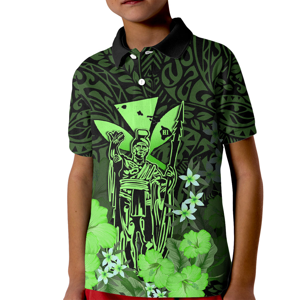 Personalised King Kamehameha Day Hawaii Kid Polo Shirt Polynesia Tribal Kanaka And Hibiscus Green LT14 Kid Green - Polynesian Pride