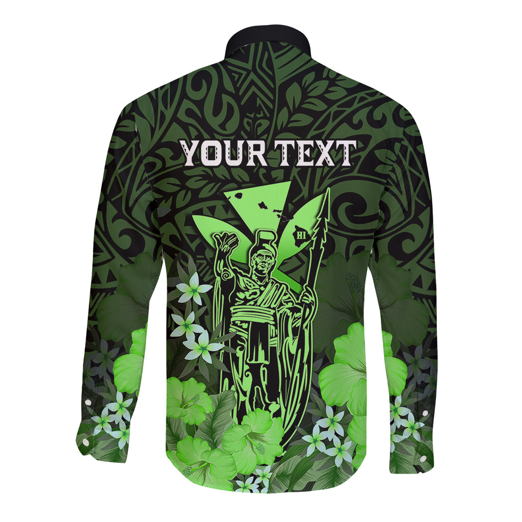 Personalised King Kamehameha Day Hawaii Long Sleeve Button Shirt Polynesia Tribal Kanaka And Hibiscus Green LT14 - Polynesian Pride
