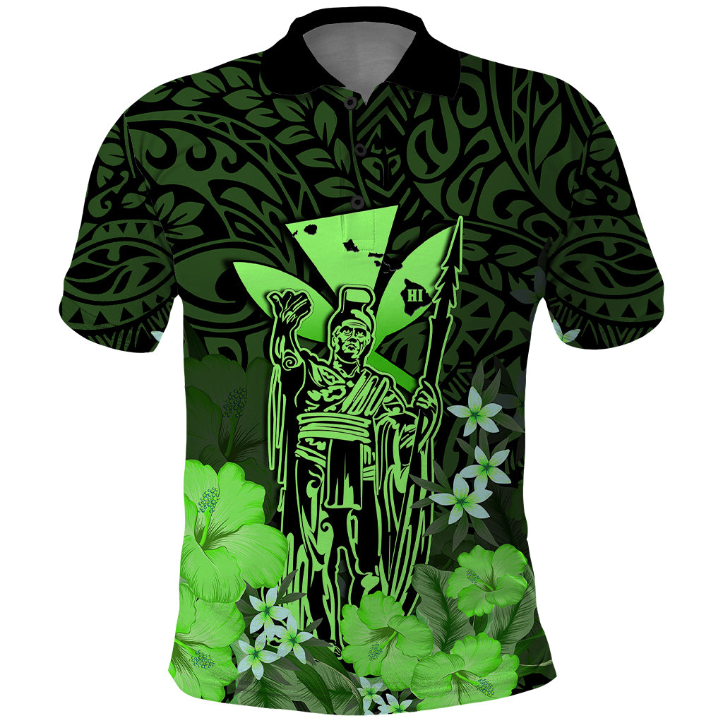 Custom King Kamehameha Day Hawaii Polo Shirt Polynesia Tribal Kanaka and Hibiscus Green LT14 Green - Polynesian Pride