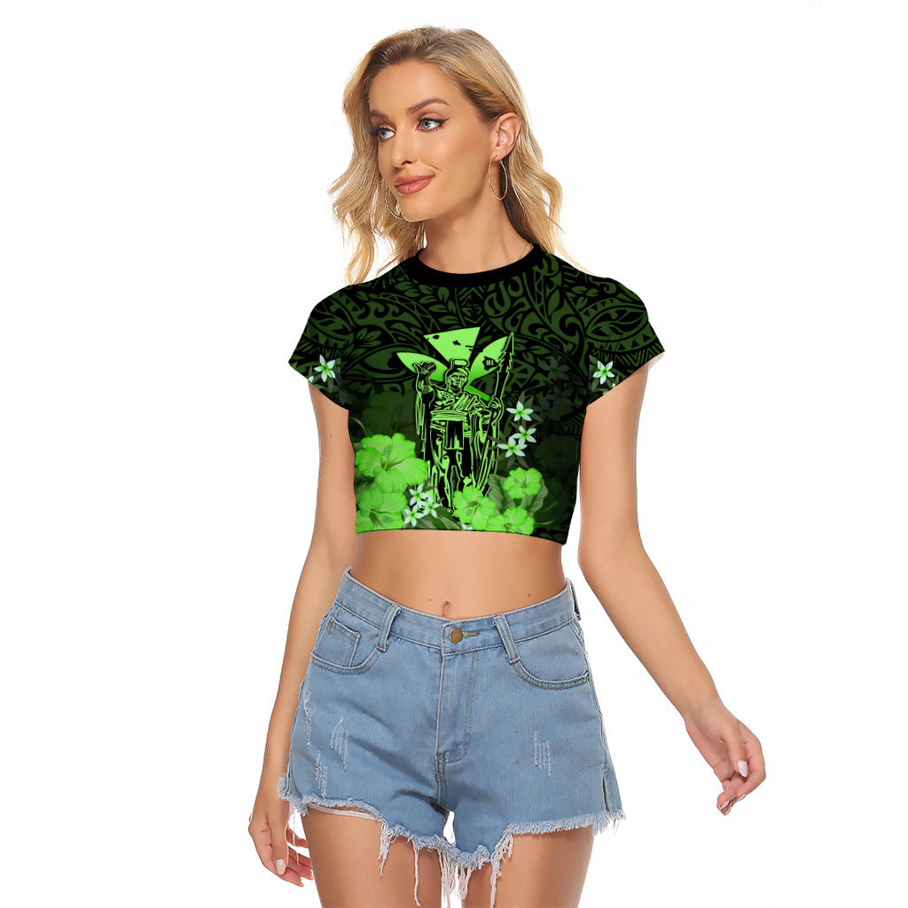 Personalised King Kamehameha Day Hawaii Raglan Cropped T Shirt Polynesia Tribal Kanaka And Hibiscus Green LT14 Female Green - Polynesian Pride