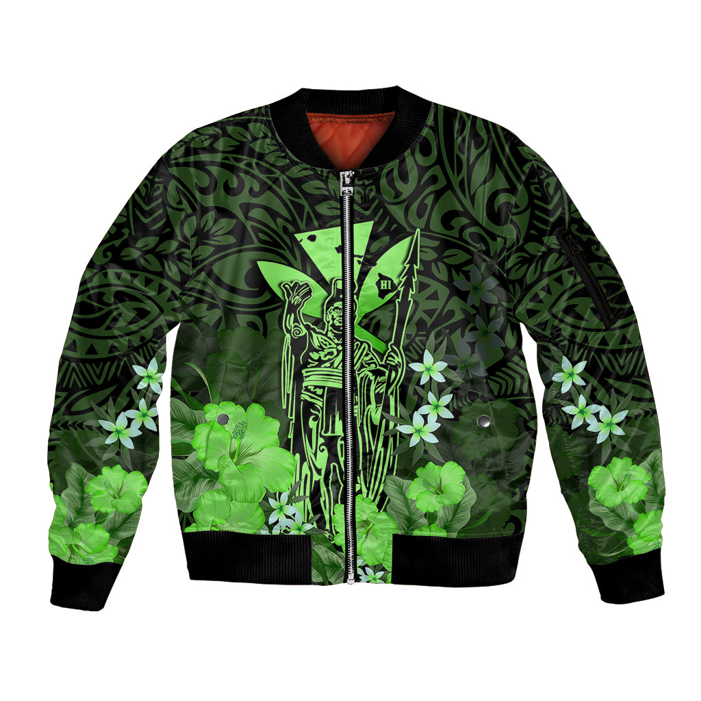 Personalised King Kamehameha Day Hawaii Sleeve Zip Bomber Jacket Polynesia Tribal Kanaka And Hibiscus Green LT14 Unisex Green - Polynesian Pride