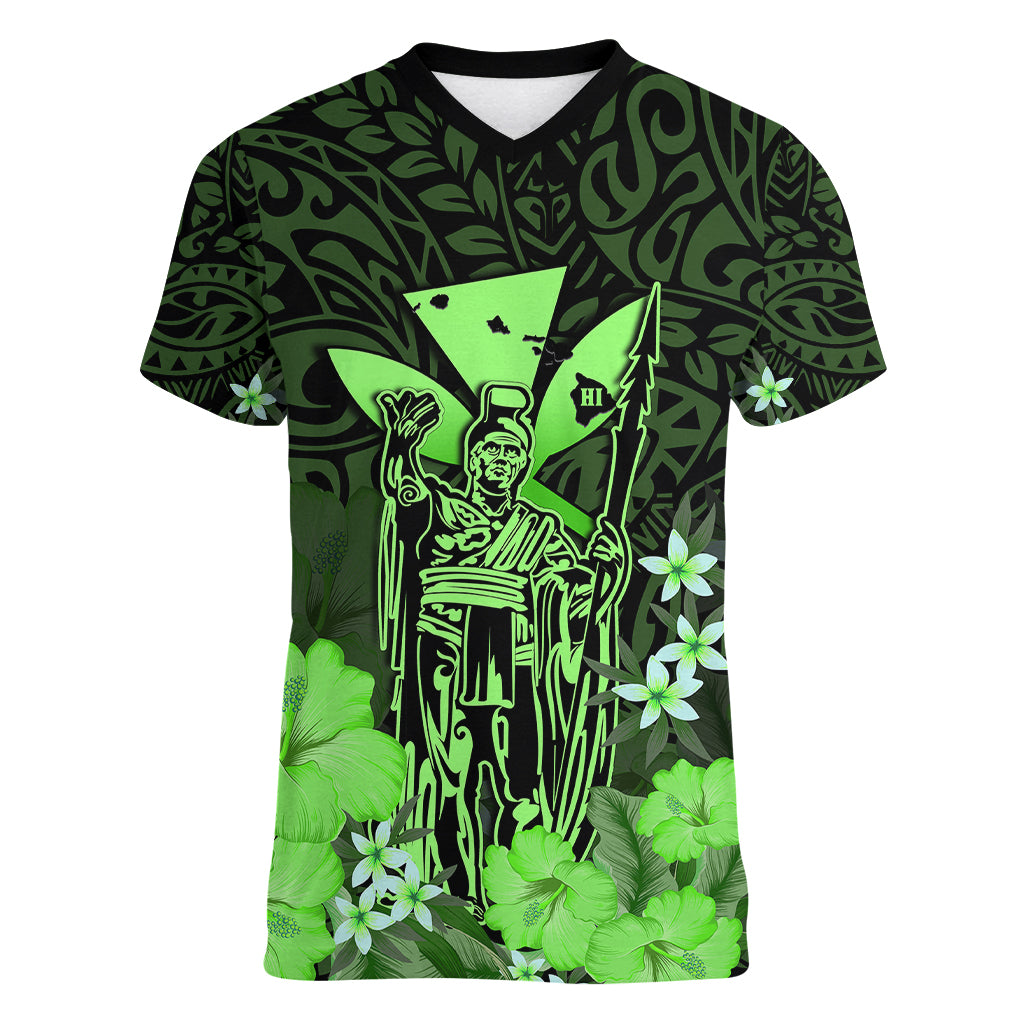 Personalised King Kamehameha Day Hawaii Women V Neck T Shirt Polynesia Tribal Kanaka And Hibiscus Green LT14 Female Green - Polynesian Pride
