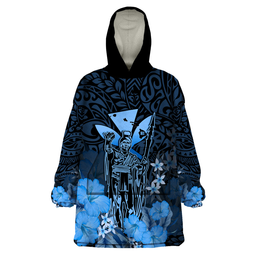 Polynesian Pride King Kamehameha Day Hawaii Wearable Blanket Hoodie Polynesia Tribal Kanaka And Hibiscus Blue LT14 One Size Blue - Polynesian Pride