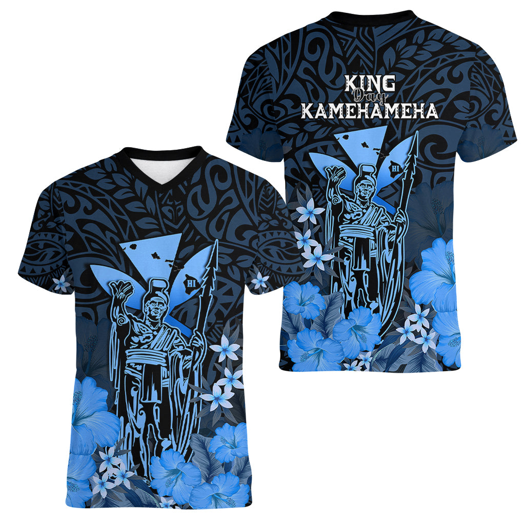 Polynesian Pride King Kamehameha Day Hawaii Women V Neck T Shirt Polynesia Tribal Kanaka And Hibiscus Blue LT14 - Polynesian Pride