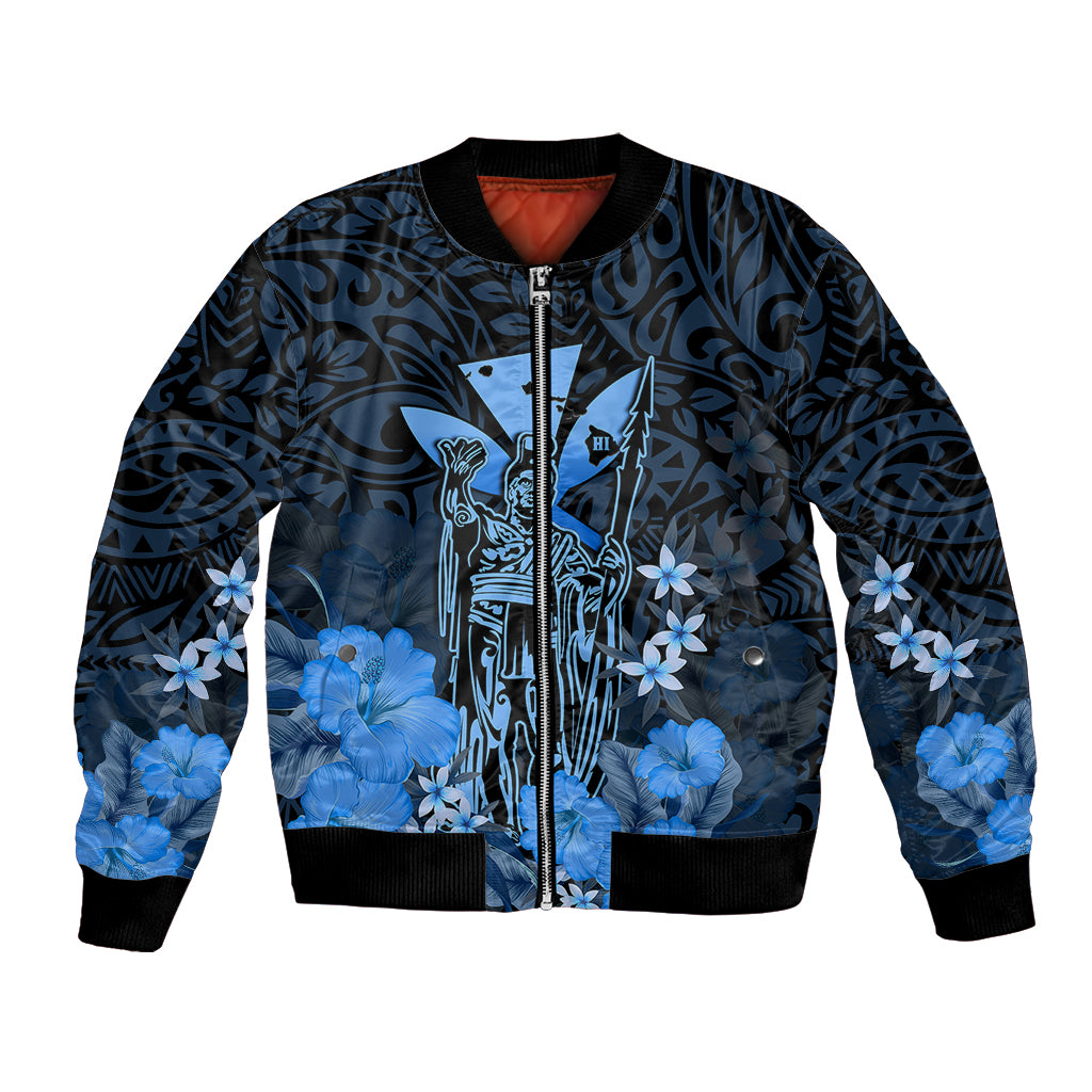 Personalised King Kamehameha Day Hawaii Bomber Jacket Polynesia Tribal Kanaka And Hibiscus Blue LT14 Unisex Blue - Polynesian Pride