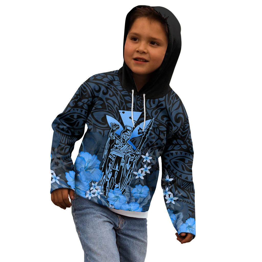 Personalised King Kamehameha Day Hawaii Kid Hoodie Polynesia Tribal Kanaka And Hibiscus Blue LT14 - Polynesian Pride