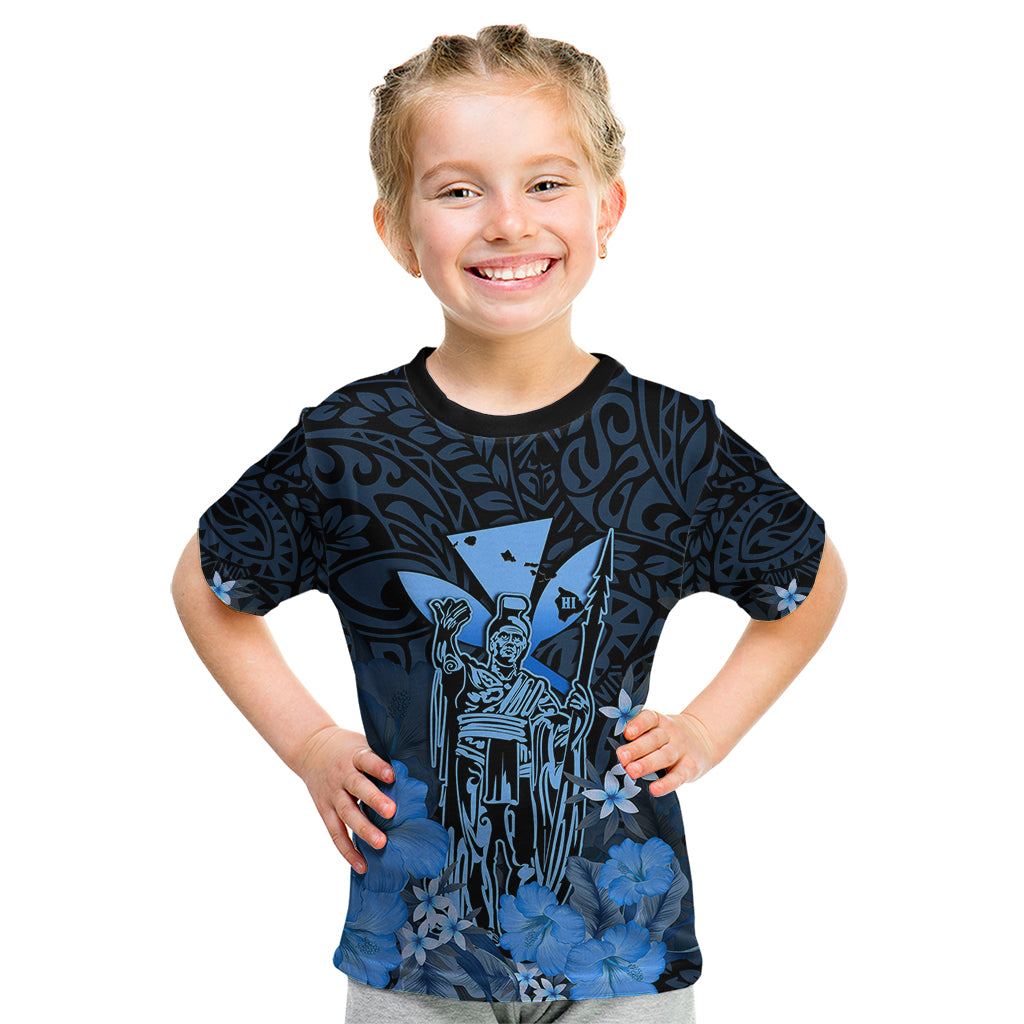 Personalised King Kamehameha Day Hawaii Kid T Shirt Polynesia Tribal Kanaka And Hibiscus Blue LT14 Blue - Polynesian Pride