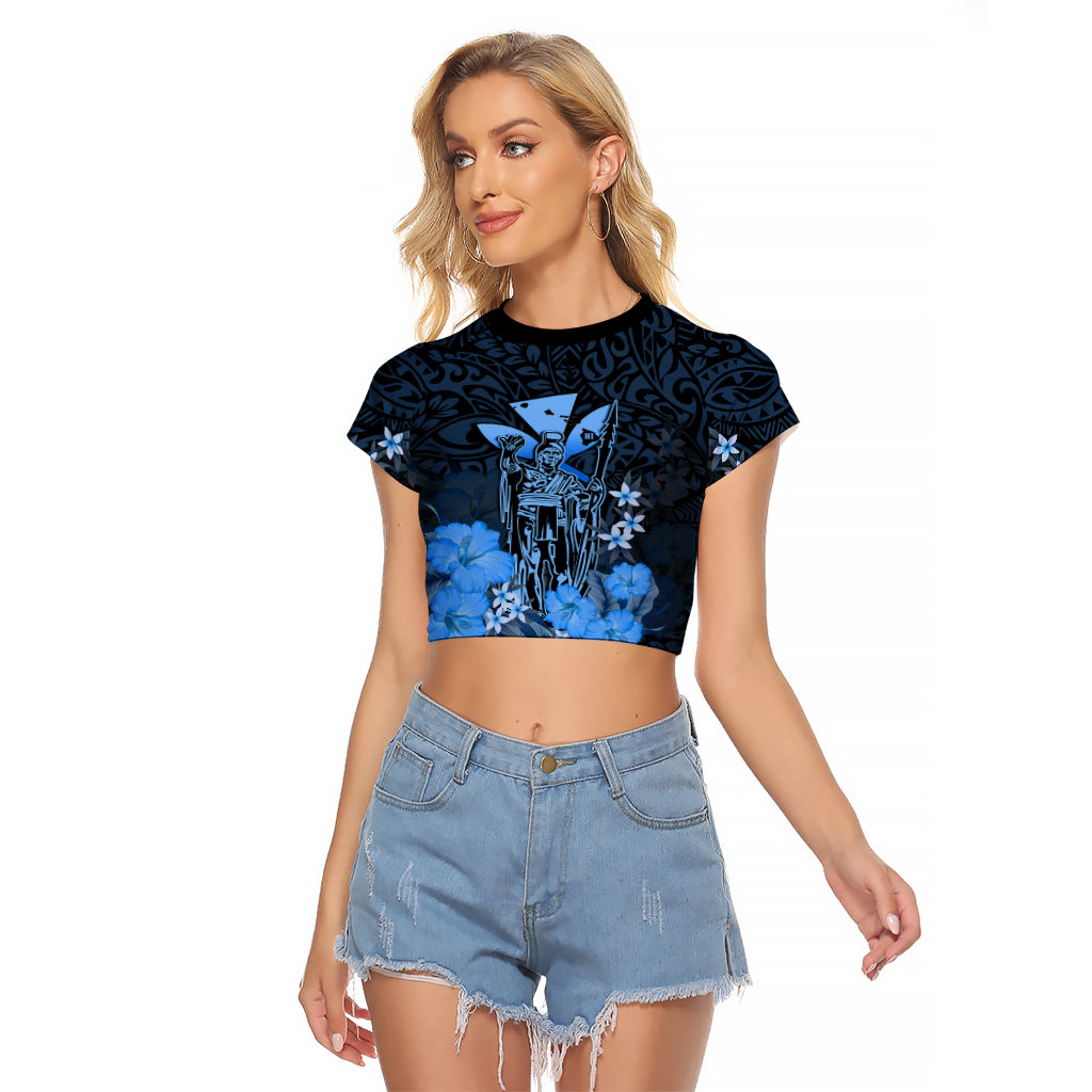 Personalised King Kamehameha Day Hawaii Raglan Cropped T Shirt Polynesia Tribal Kanaka And Hibiscus Blue LT14 Female Blue - Polynesian Pride