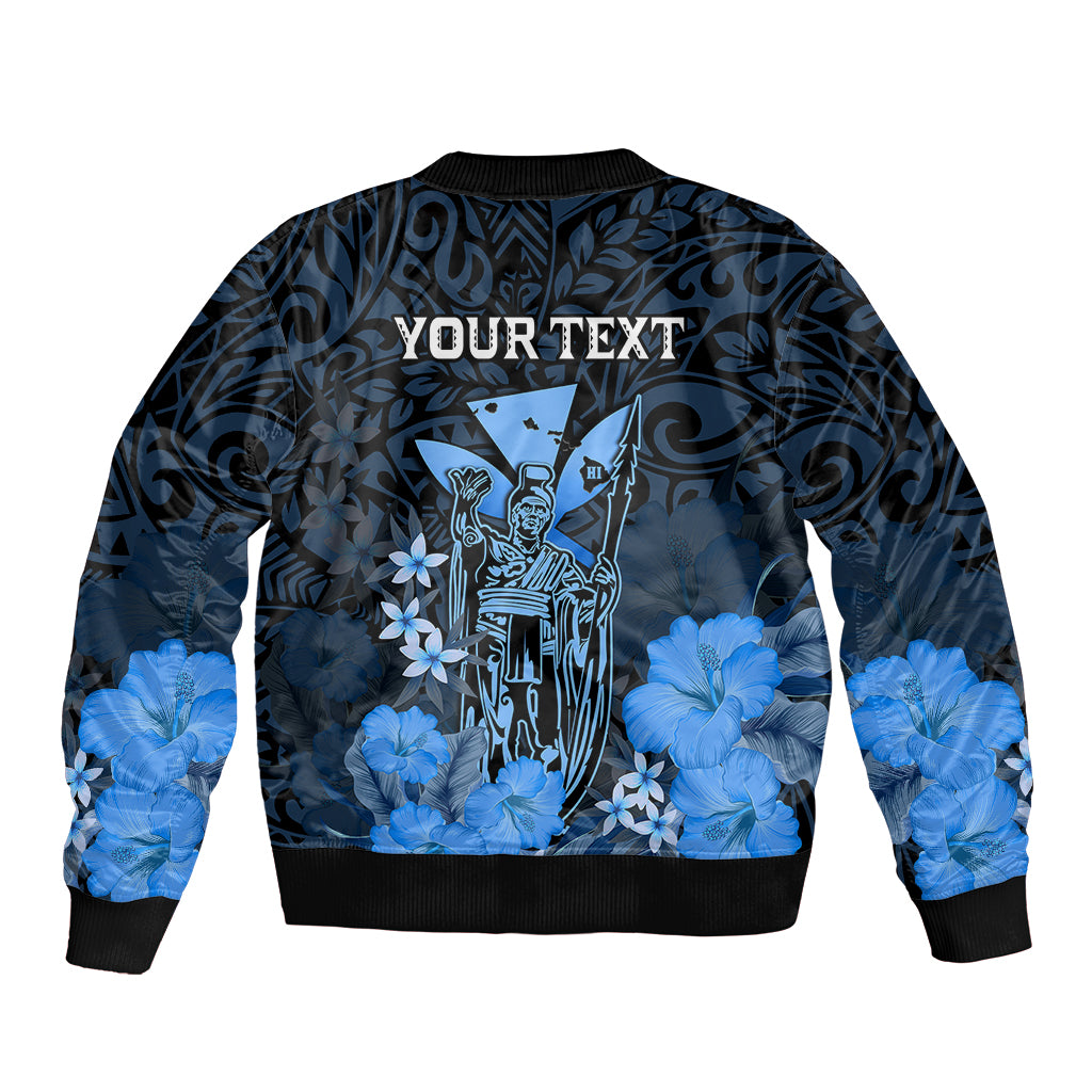 Personalised King Kamehameha Day Hawaii Sleeve Zip Bomber Jacket Polynesia Tribal Kanaka And Hibiscus Blue LT14 - Polynesian Pride
