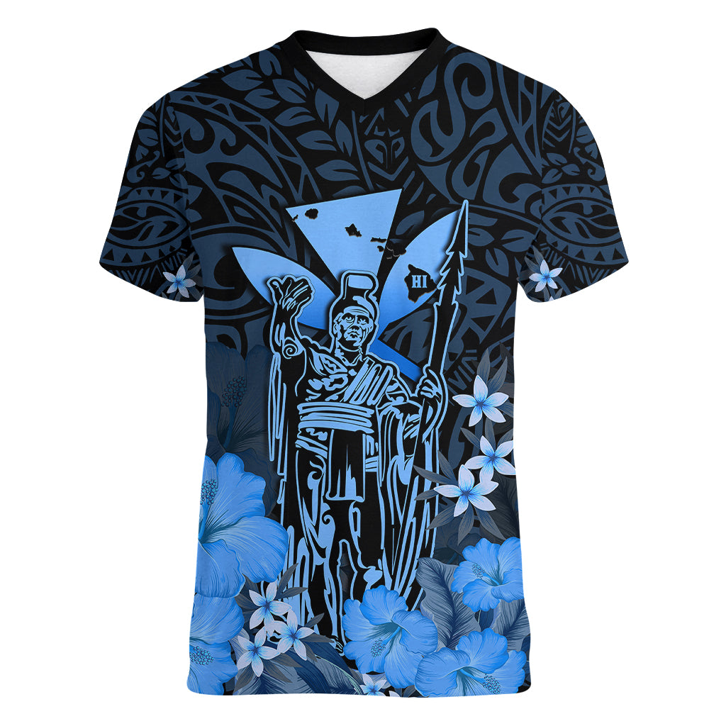 Personalised King Kamehameha Day Hawaii Women V Neck T Shirt Polynesia Tribal Kanaka And Hibiscus Blue LT14 Female Blue - Polynesian Pride