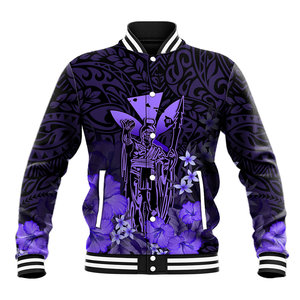 Polynesian Pride King Kamehameha Day Hawaii Baseball Jacket Polynesia Tribal Kanaka And Hibiscus Purple LT14 Unisex Purple - Polynesian Pride