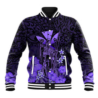 Polynesian Pride King Kamehameha Day Hawaii Baseball Jacket Polynesia Tribal Kanaka And Hibiscus Purple LT14 Unisex Purple - Polynesian Pride