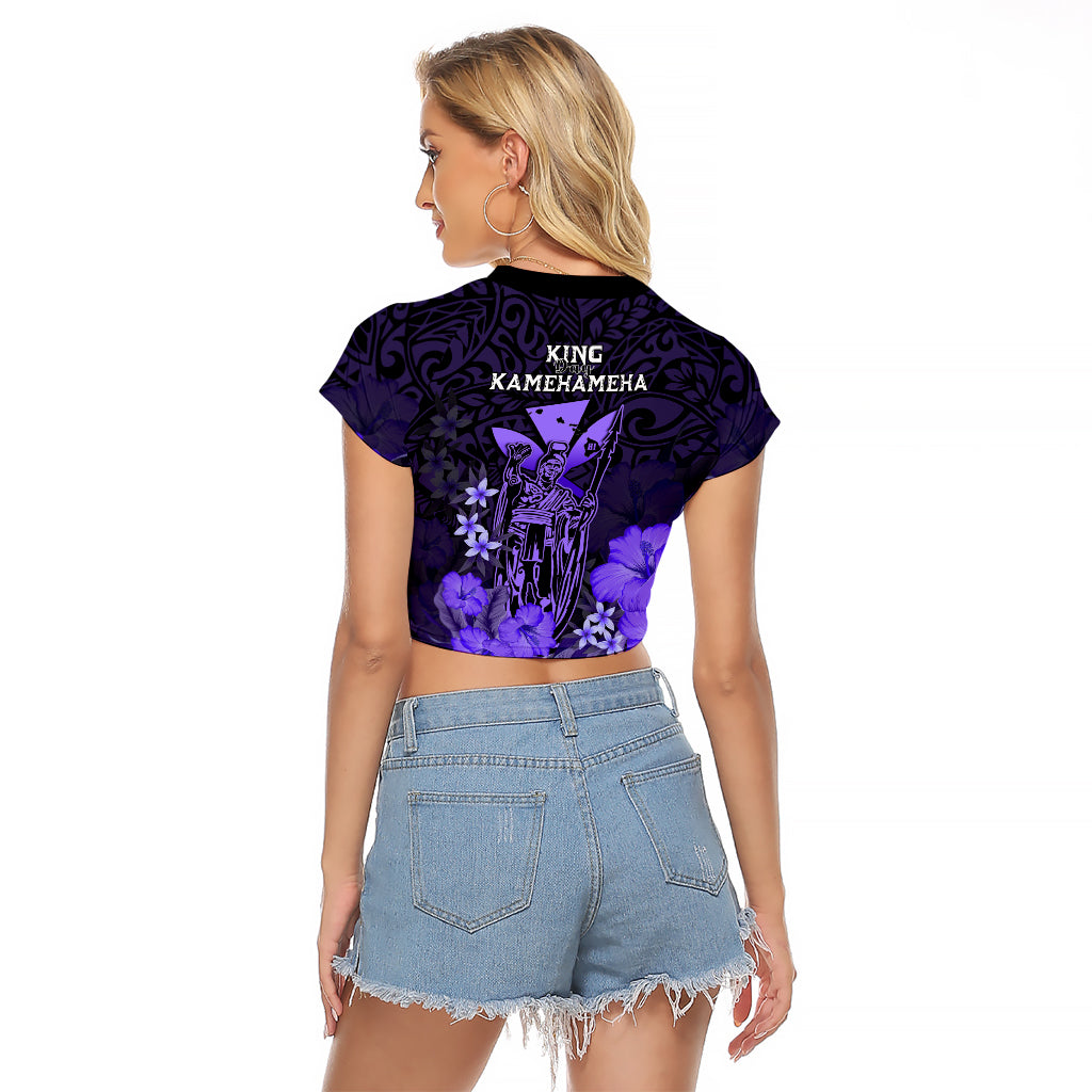 Polynesian Pride King Kamehameha Day Hawaii Raglan Cropped T Shirt Polynesia Tribal Kanaka And Hibiscus Purple LT14 - Polynesian Pride