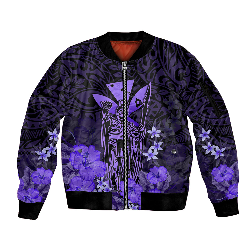 Polynesian Pride King Kamehameha Day Hawaii Sleeve Zip Bomber Jacket Polynesia Tribal Kanaka And Hibiscus Purple LT14 Unisex Purple - Polynesian Pride
