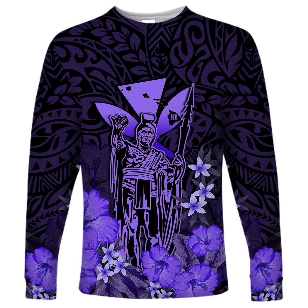 Personalised King Kamehameha Day Hawaii Long Sleeve Shirt Polynesia Tribal Kanaka And Hibiscus Purple LT14 Unisex Purple - Polynesian Pride