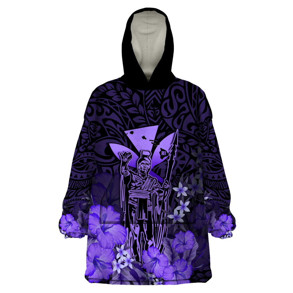 Personalised King Kamehameha Day Hawaii Wearable Blanket Hoodie Polynesia Tribal Kanaka And Hibiscus Purple LT14 One Size Purple - Polynesian Pride