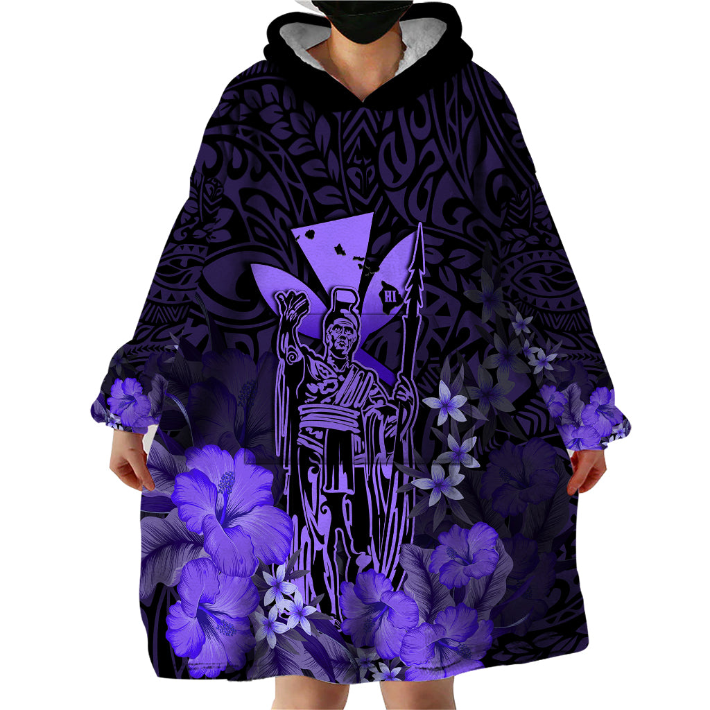 Personalised King Kamehameha Day Hawaii Wearable Blanket Hoodie Polynesia Tribal Kanaka And Hibiscus Purple LT14 - Polynesian Pride