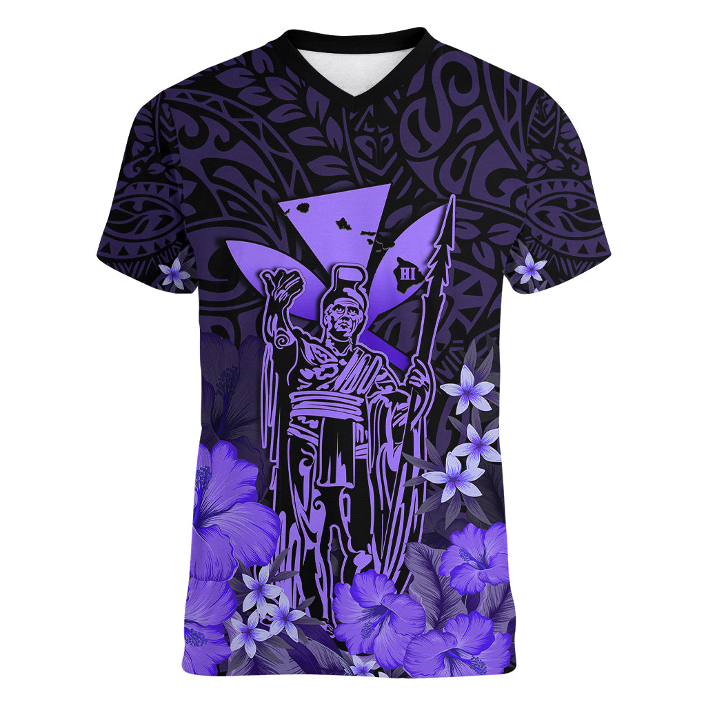 Personalised King Kamehameha Day Hawaii Women V Neck T Shirt Polynesia Tribal Kanaka And Hibiscus Purple LT14 Female Purple - Polynesian Pride