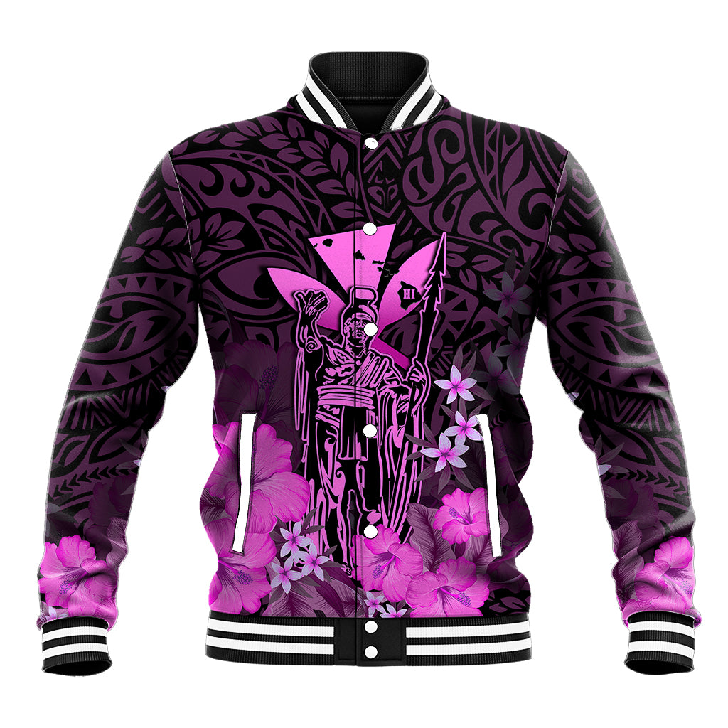 Polynesian Pride King Kamehameha Day Hawaii Baseball Jacket Polynesia Tribal Kanaka And Hibiscus Pink LT14 Unisex Pink - Polynesian Pride