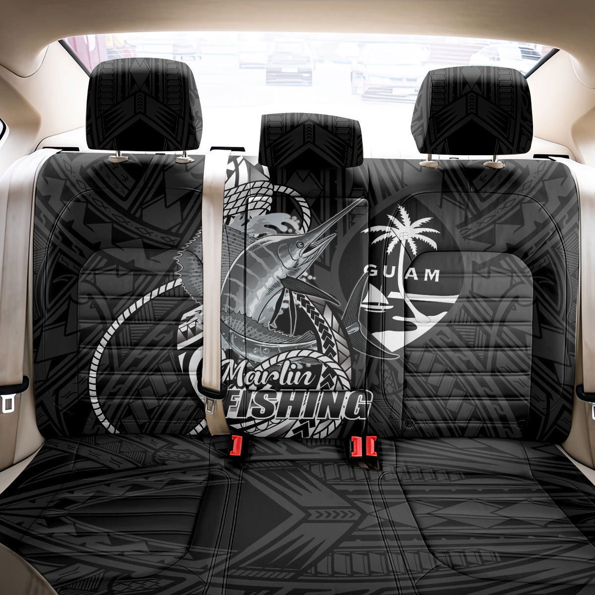 Guam Blue Marlin Fishing Back Car Seat Cover Guahan Fish Hook Tattoo Black Version LT14 - Polynesian Pride