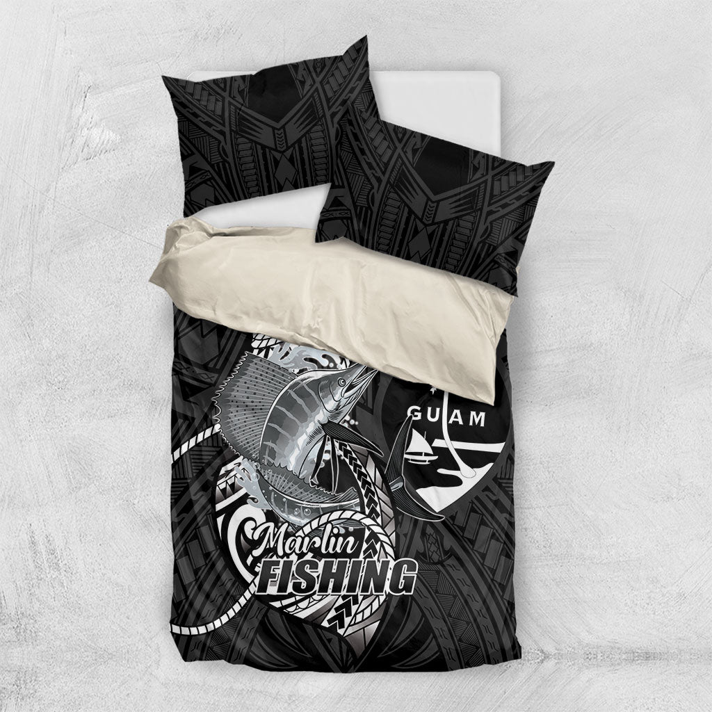 Guam Blue Marlin Fishing Bedding Set Guahan Fish Hook Tattoo Black Version LT14 US Twin 172cm x 218cm Black - Polynesian Pride