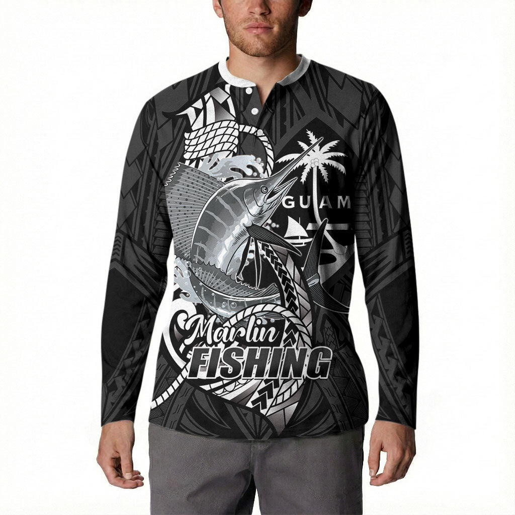 Guam Blue Marlin Fishing Button Sweatshirt Guahan Fish Hook Tattoo Black Version LT14 - Polynesian Pride
