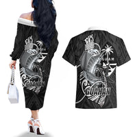 Guam Blue Marlin Fishing Couples Matching Off The Shoulder Long Sleeve Dress and Hawaiian Shirt Guahan Fish Hook Tattoo Black Version