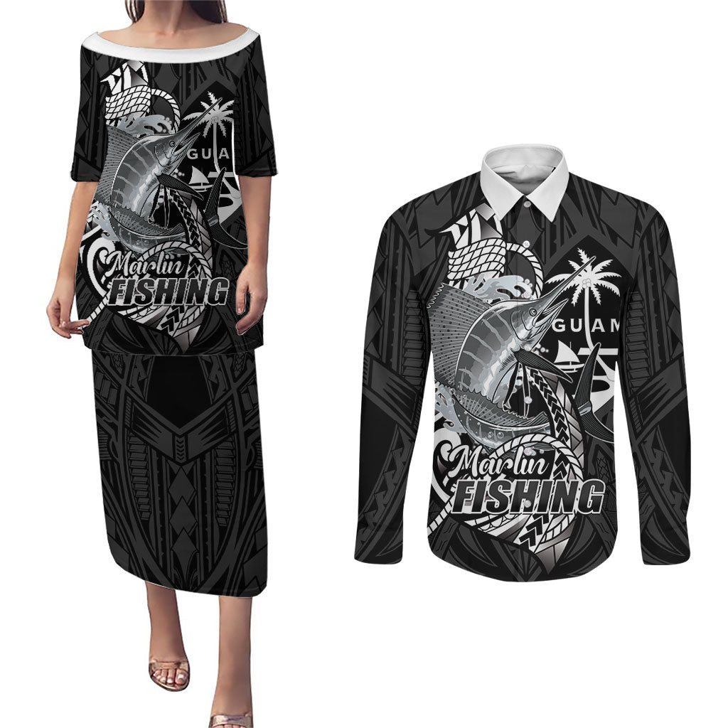 Guam Blue Marlin Fishing Couples Matching Puletasi and Long Sleeve Button Shirt Guahan Fish Hook Tattoo Black Version LT14 Black - Polynesian Pride
