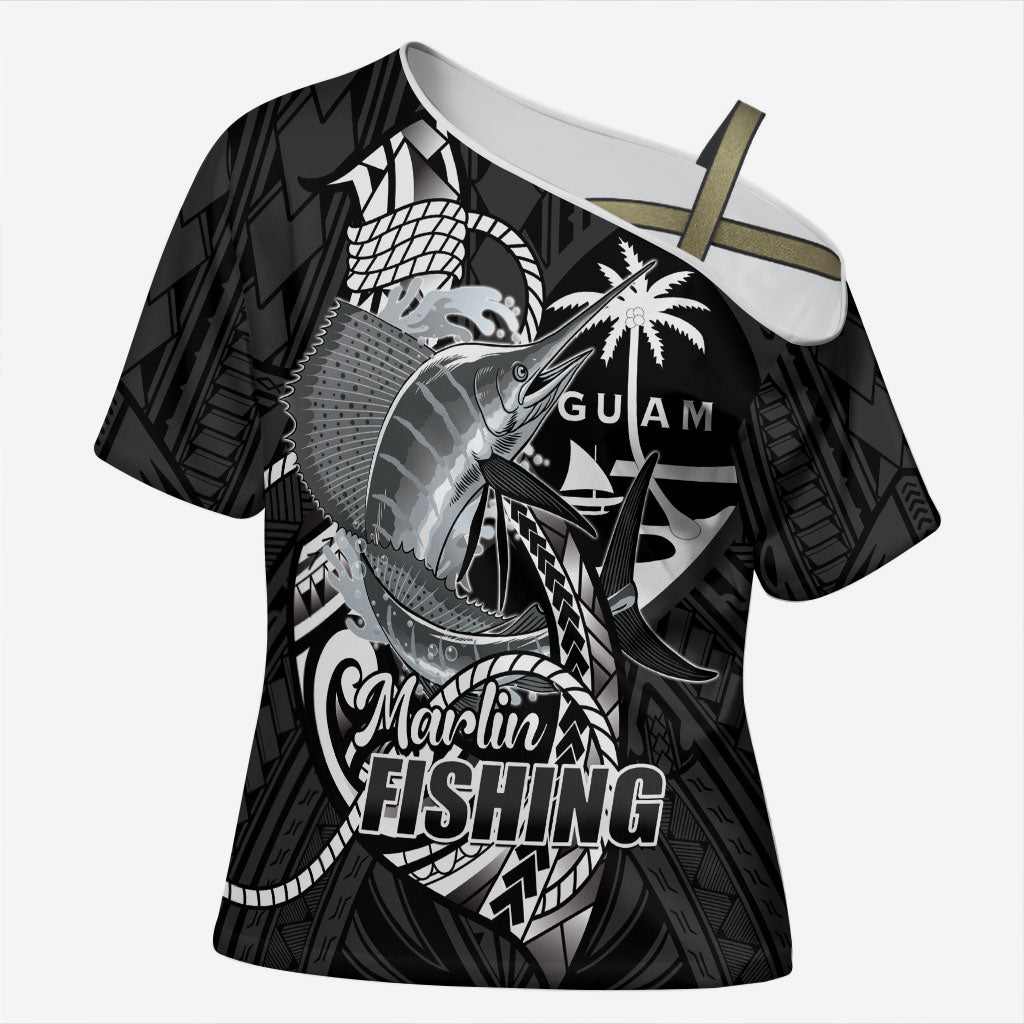 Guam Blue Marlin Fishing Cross Shoulder Shirt Guahan Fish Hook Tattoo Black Version