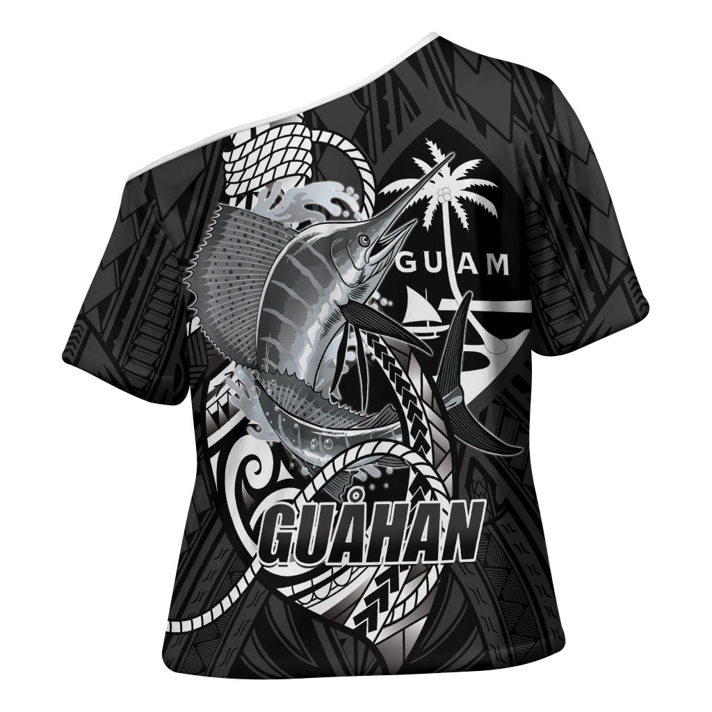 Guam Blue Marlin Fishing Cross Shoulder Shirt Guahan Fish Hook Tattoo Black Version LT14 - Polynesian Pride