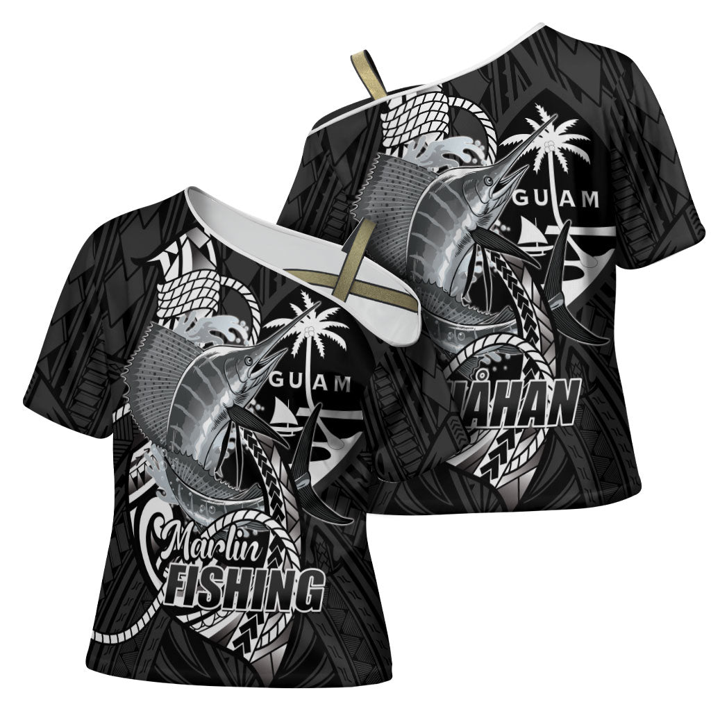 Guam Blue Marlin Fishing Cross Shoulder Shirt Guahan Fish Hook Tattoo Black Version LT14 - Polynesian Pride