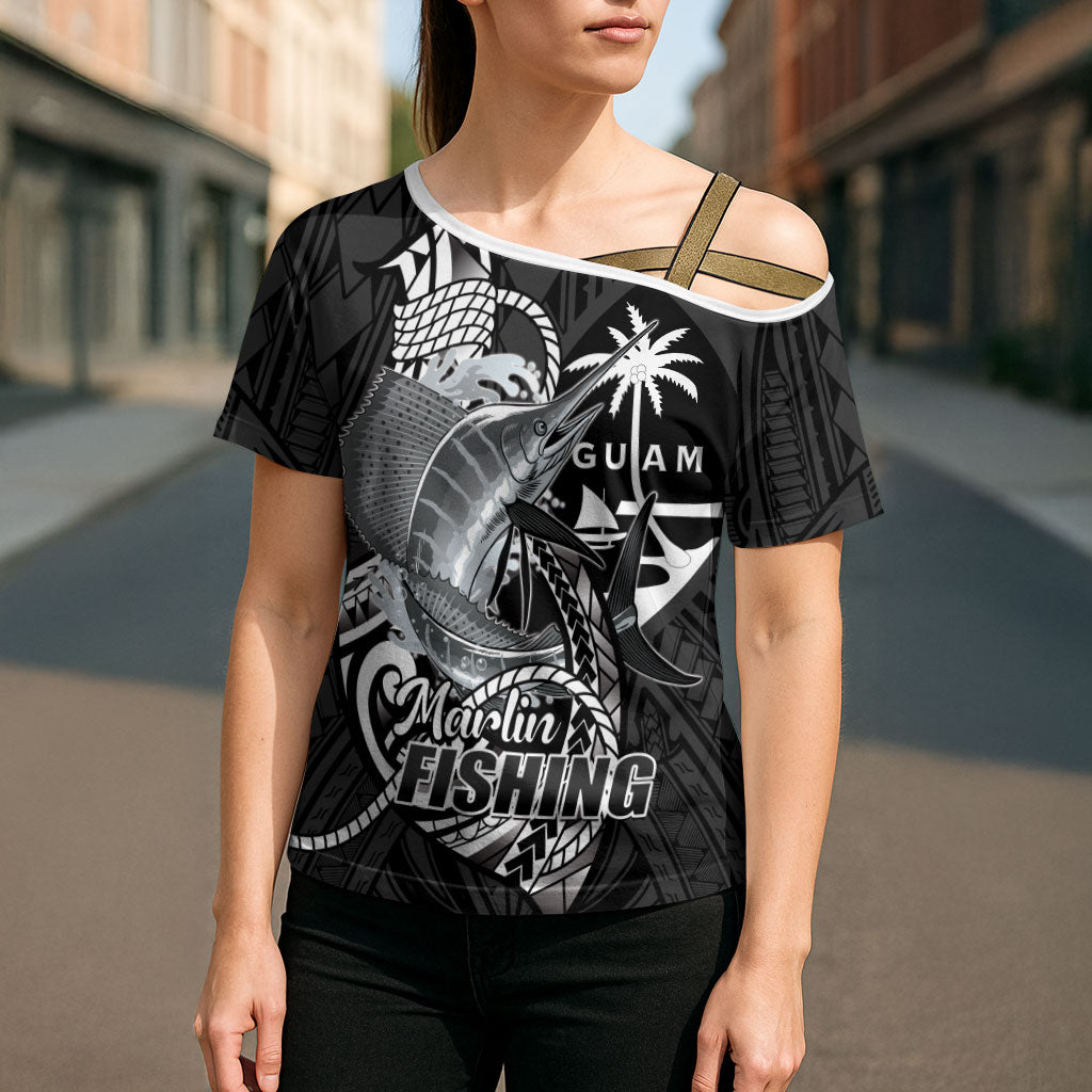 Guam Blue Marlin Fishing Cross Shoulder Shirt Guahan Fish Hook Tattoo Black Version LT14 - Polynesian Pride