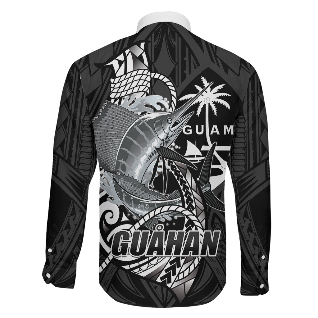 Guam Blue Marlin Fishing Family Matching Long Sleeve Bodycon Dress and Hawaiian Shirt Guahan Fish Hook Tattoo Black Version