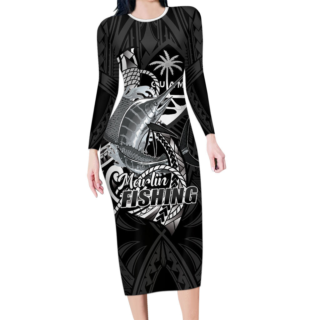 Guam Blue Marlin Fishing Family Matching Long Sleeve Bodycon Dress and Hawaiian Shirt Guahan Fish Hook Tattoo Black Version