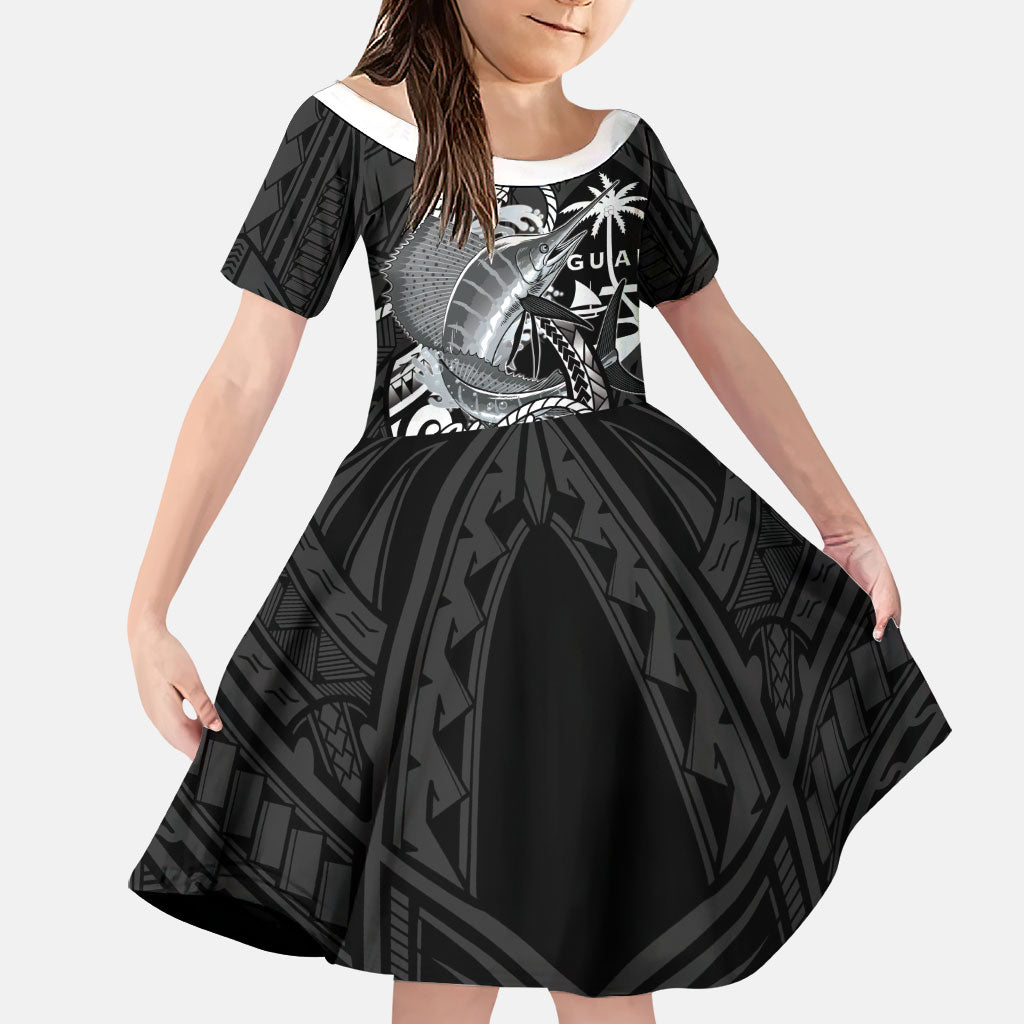 Guam Blue Marlin Fishing Family Matching Off Shoulder Maxi Dress and Hawaiian Shirt Guahan Fish Hook Tattoo Black Version