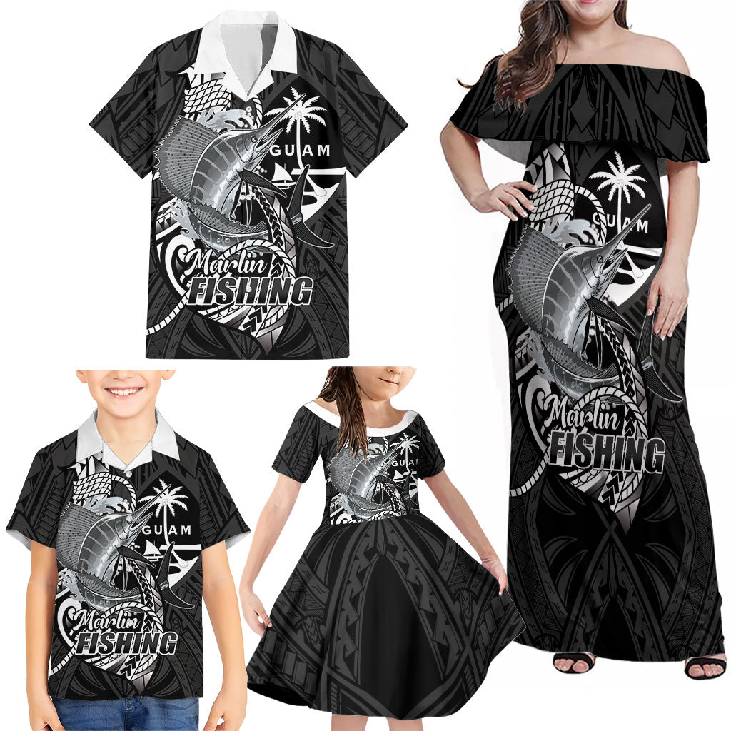 Guam Blue Marlin Fishing Family Matching Off Shoulder Maxi Dress and Hawaiian Shirt Guahan Fish Hook Tattoo Black Version