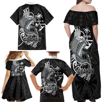 Guam Blue Marlin Fishing Family Matching Off Shoulder Maxi Dress and Hawaiian Shirt Guahan Fish Hook Tattoo Black Version