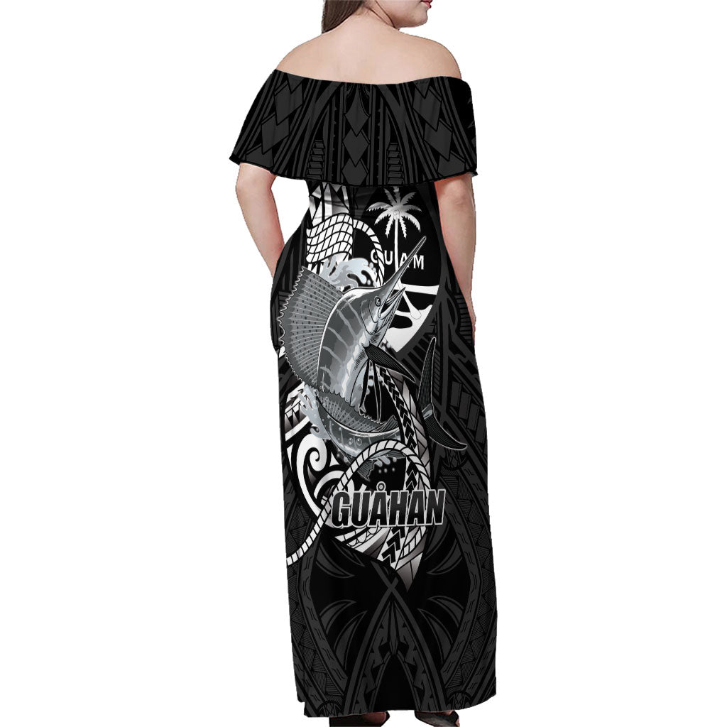 Guam Blue Marlin Fishing Family Matching Off Shoulder Maxi Dress and Hawaiian Shirt Guahan Fish Hook Tattoo Black Version
