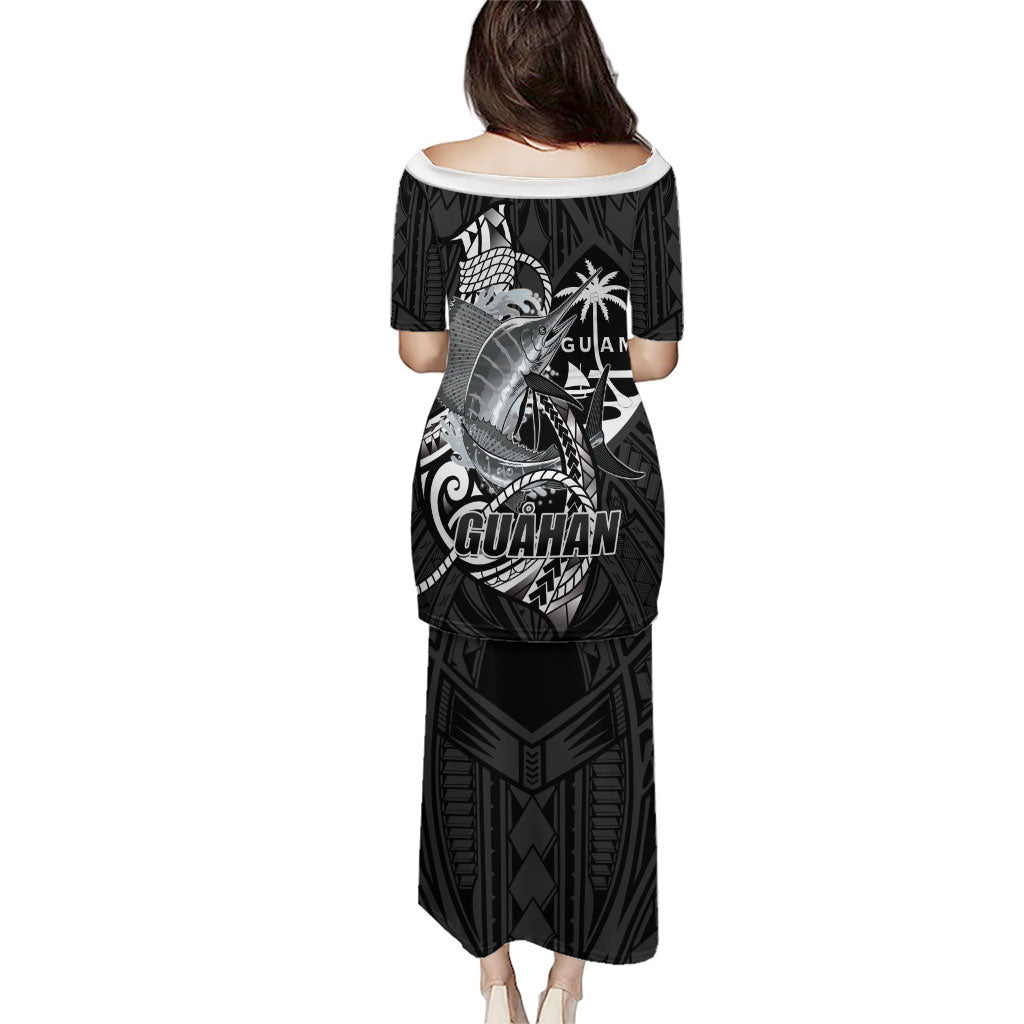 Guam Blue Marlin Fishing Family Matching Puletasi and Hawaiian Shirt Guahan Fish Hook Tattoo Black Version