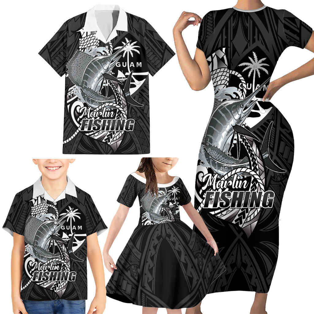 Guam Blue Marlin Fishing Family Matching Short Sleeve Bodycon Dress and Hawaiian Shirt Guahan Fish Hook Tattoo Black Version