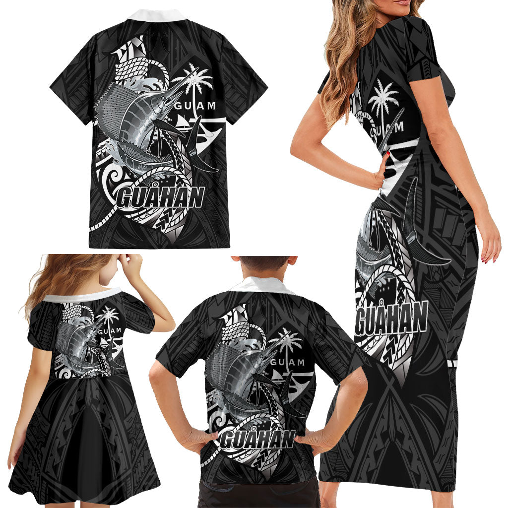 Guam Blue Marlin Fishing Family Matching Short Sleeve Bodycon Dress and Hawaiian Shirt Guahan Fish Hook Tattoo Black Version