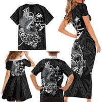 Guam Blue Marlin Fishing Family Matching Short Sleeve Bodycon Dress and Hawaiian Shirt Guahan Fish Hook Tattoo Black Version