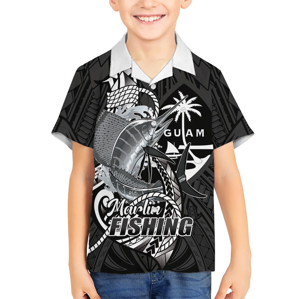 Guam Blue Marlin Fishing Family Matching Short Sleeve Bodycon Dress and Hawaiian Shirt Guahan Fish Hook Tattoo Black Version