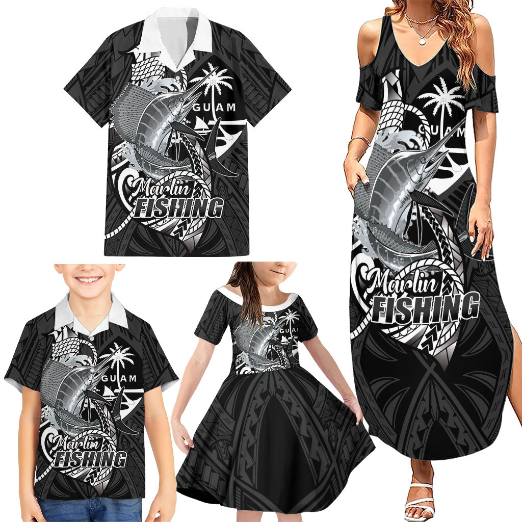 Guam Blue Marlin Fishing Family Matching Summer Maxi Dress and Hawaiian Shirt Guahan Fish Hook Tattoo Black Version