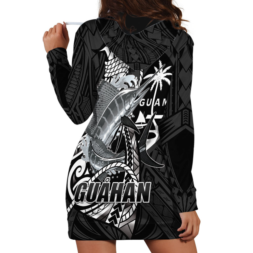Guam Blue Marlin Fishing Hoodie Dress Guahan Fish Hook Tattoo Black Version LT14 - Polynesian Pride